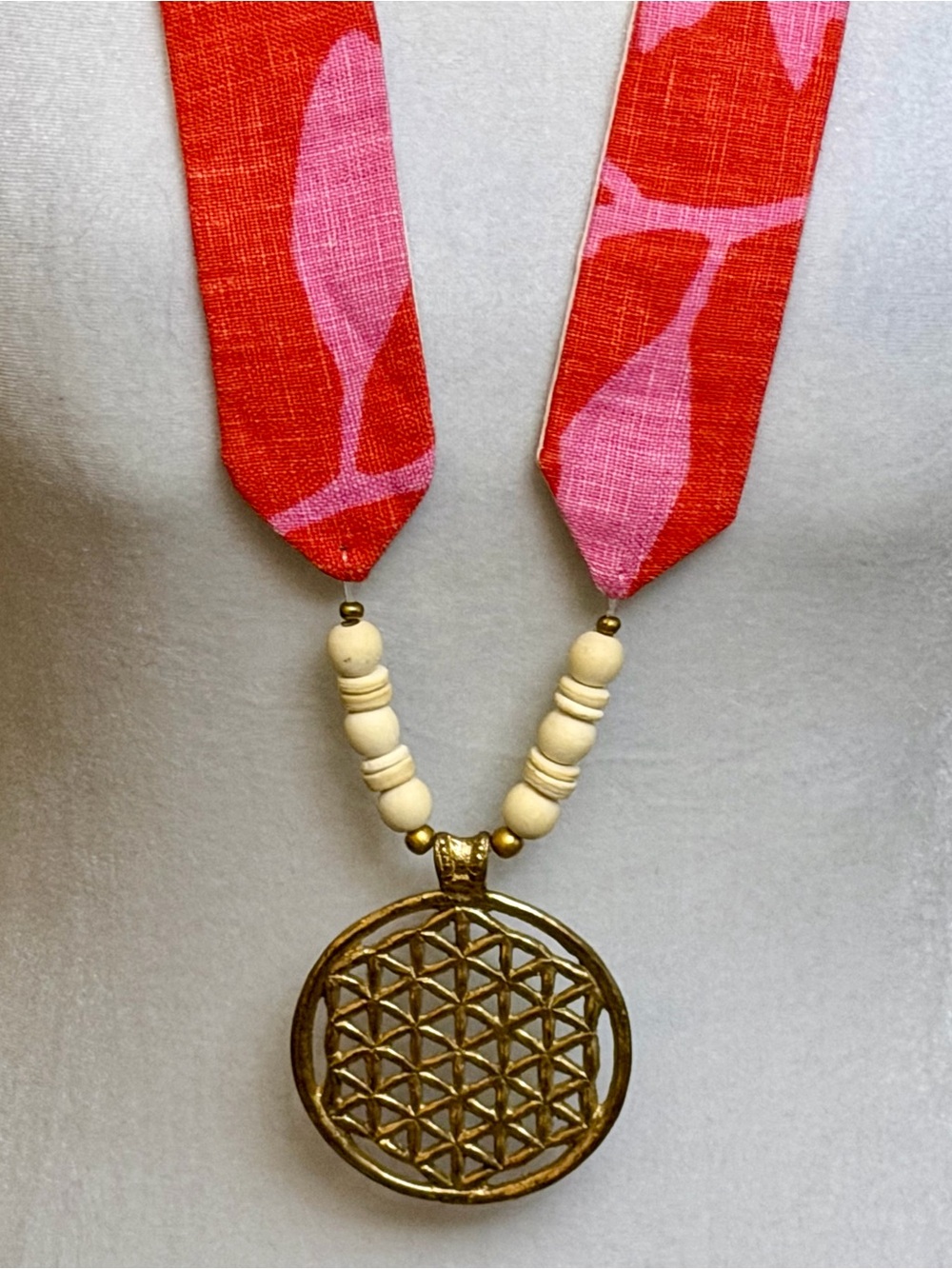 Bohemian Flower of Life Brass Medallion Necklace - Pink & Coral Linen Strap